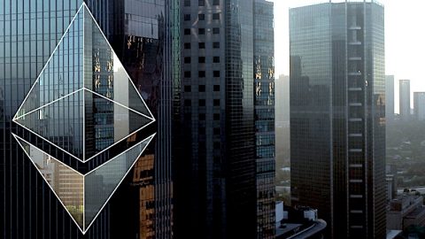 Ethereum in front of a cityscape