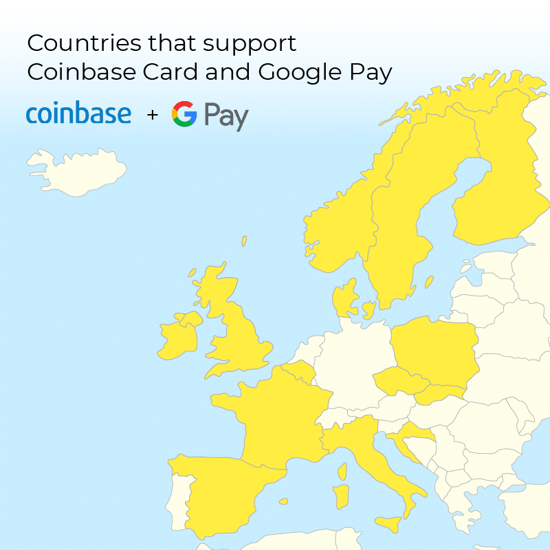 A map of the countries in Europe that support Coinbase Card and Google Pay.