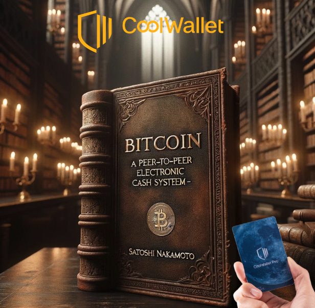 bitcoin whitepaper book in a library with a coolwallet hardware wallet